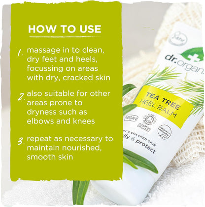 Dr Organic Tea Tree Heel Balm, for Dry & Cracked Feet, Cleansing, with Natural Sunflower Oil, Vegan, Cruelty Free, Paraben & SLS Free, Certified Organic, 100 ml