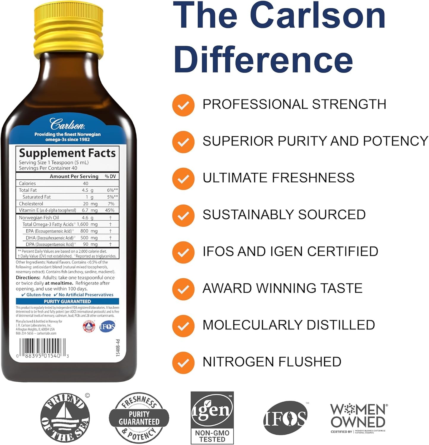 Carlson - Cod Liver Oil, 1100 mg Omega-3s, Plus Vitamins A and D3, Wild Caught Norwegian Arctic Cod Liver Oil, Sustainably Sourced Nordic Fish Oil Liquid, Unflavored, 250 mL (8.4 Fl Oz)