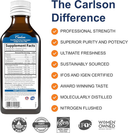 Carlson - Cod Liver Oil, 1100 mg Omega-3s, Plus Vitamins A and D3, Wild Caught Norwegian Arctic Cod Liver Oil, Sustainably Sourced Nordic Fish Oil Liquid, Unflavored, 250 mL (8.4 Fl Oz)