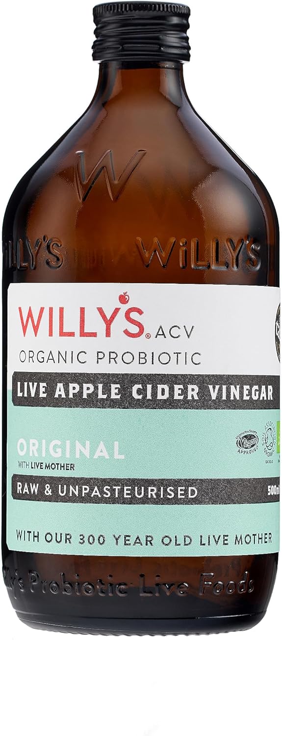 WILLY'S Apple Cider Vinegar with Live Mother - Probiotics For Detox & Gut Health - 1L Glass Bottle - Sustainable ACV (Packaging may vary)