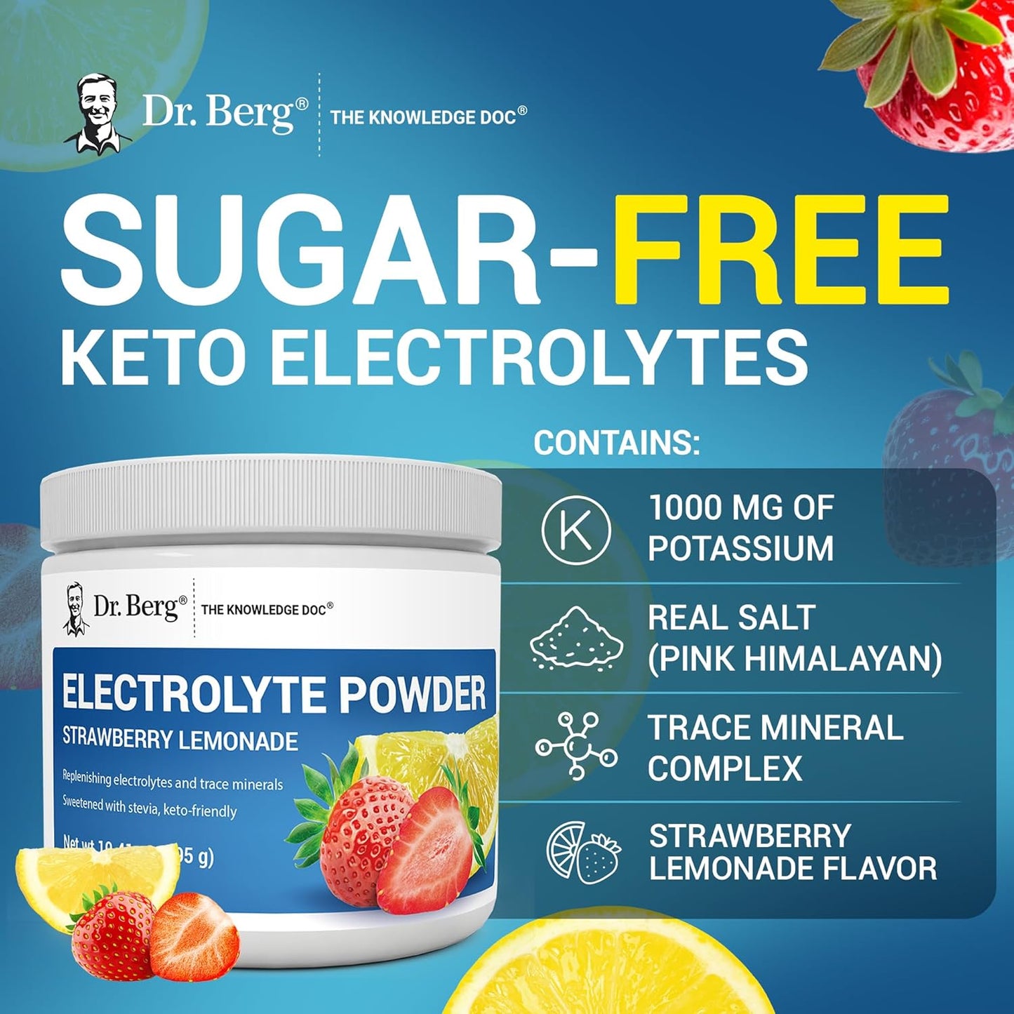 Dr. Berg Zero Sugar Hydration Keto Electrolyte Powder - Enhanced w/ 1000 mg of Potassium & Real Pink Himalayan Salt (NOT Table Salt) - Lemonade Flavor Hydration Drink Mix Supplement - 100 Servings