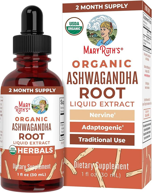 USDA Organic Ashwagandha Root Liquid Drops by MaryRuth's | Adaptogenic, Nervine, Neuroprotective | May Help Alleviate Stress & Regulate Homeostasis | Non-GMO, Vegan, 1oz