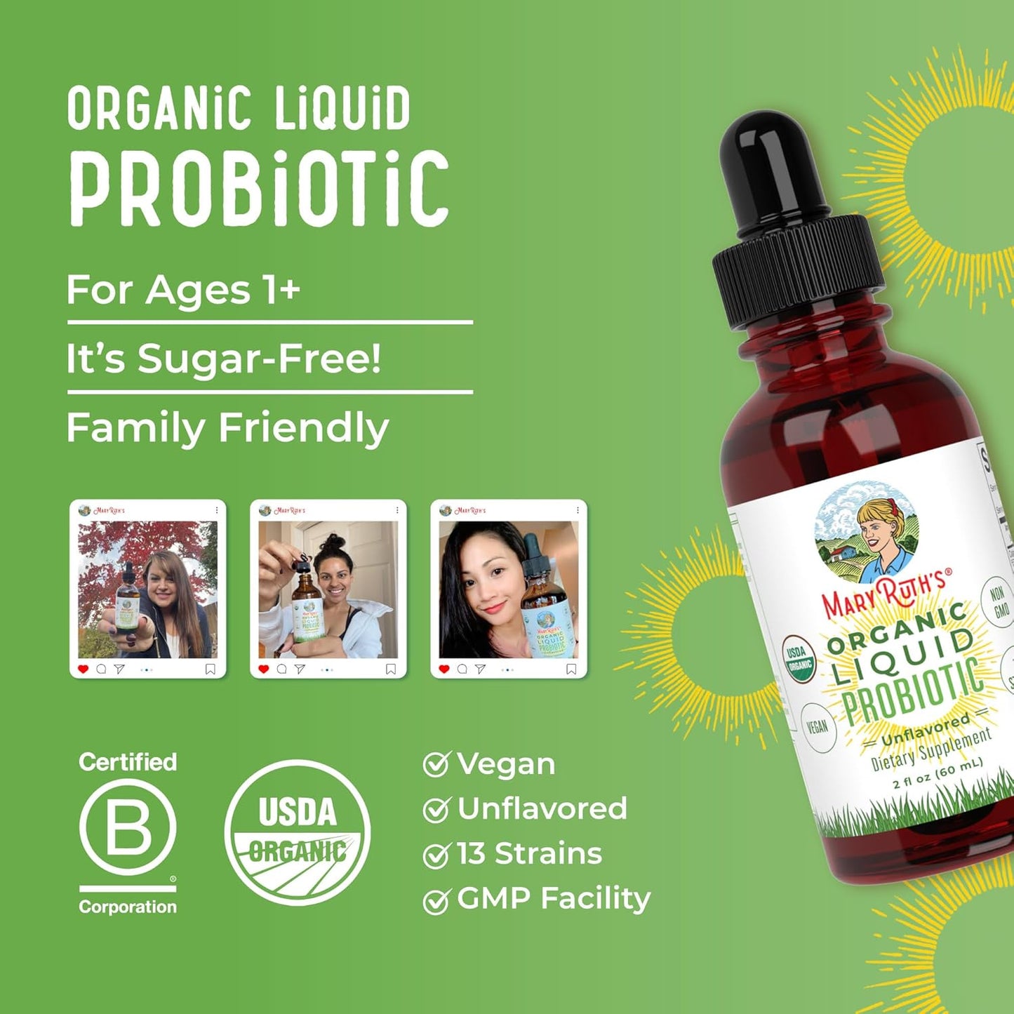 MaryRuth Organics USDA Organic Liquid Probiotic | Digestive Health | Gut Health | Probiotics for Women | Probiotics for Men | Probiotics for Kids | Acidophilus Probiotic | Non-GMO | 40 Servings