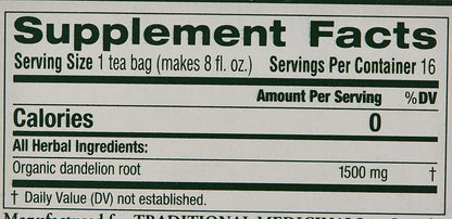 Roasted Dandelion Root Tea - 16 Count - Pack of 1, 0.85 oz