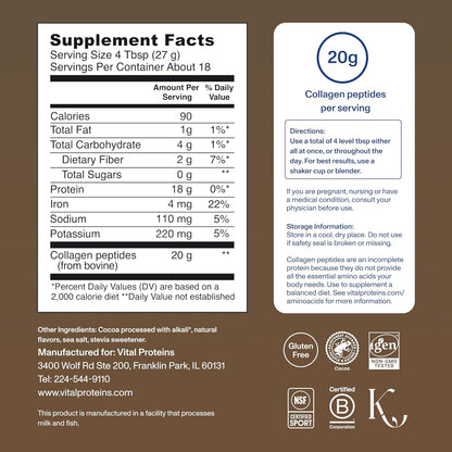 Vital Proteins Grass Fed Collagen Powder Supplement (Type I, III) for Skin Hair Nail Joint - Hydrolyzed Collagen, Grass Fed, Dairy and Gluten Free - Chocolate Flavor, 17.1 oz Canister