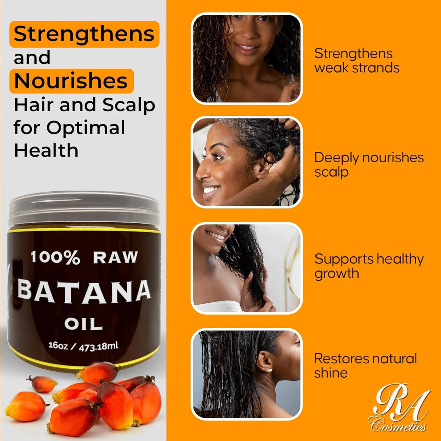 RA COSMETICS 100% Natural Unrefined Batana Hair Oil for Growth, Repair & Strength | 8 oz Nourishing Moisturizer for Damaged Hair from Honduras