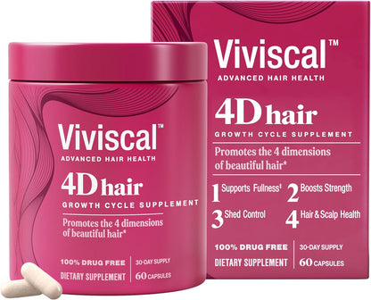 Viviscal 4D Hair Growth Cycle Supplements for Women for Full, Strong, and Healthy Hair; Made with Keratin, Vitamin A, Biotin, Zinc, 30 Day Supply, 60 Count