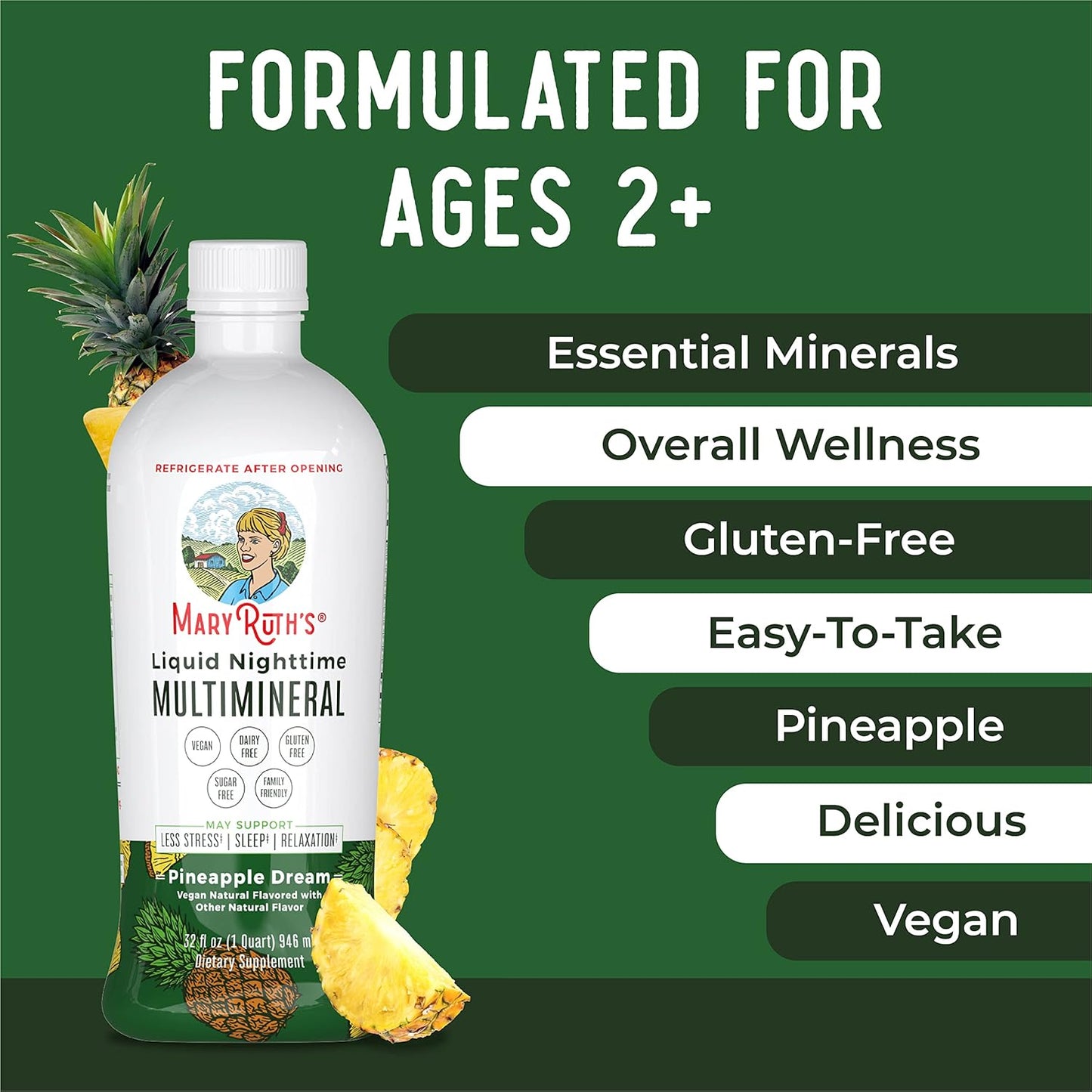 MaryRuth Organics Liquid Nighttime Multimineral | No Melatonin | Bedtime Routine | Magnesium Citrate | Calcium | Zinc | Vitamin D3| Available in 4 Flavors - Vegan | Sugar Free | Gluten Free | 32 Oz