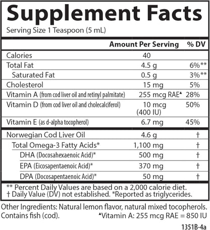 Carlson - Cod Liver Oil, 1100 mg Omega-3s, Plus Vitamins A and D3, Wild Caught Norwegian Arctic Cod Liver Oil, Sustainably Sourced Nordic Fish Oil Liquid, Unflavored, 250 mL (8.4 Fl Oz)