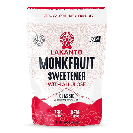 Lakanto Classic Monk Fruit Sweetener with Allulose - White Sugar Substitute, Erythritol Free, Gluten Free, Vegan, Keto Friendly, Sugar Replacement 227g (Classic White -8oz - Pack of 1)