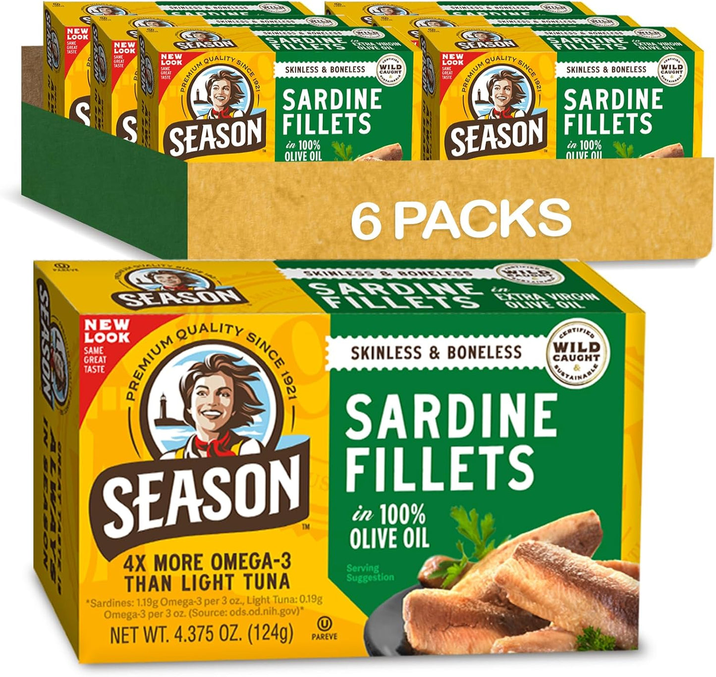 Season Sardines in Olive Oil – Skinless & Boneless, No Salt Added, Wild Caught, 22g of Protein, Keto Snacks, More Omega 3's Than Tuna, Kosher, High in Calcium, Canned Sardines – 4.37 Oz Tins, pack of 1