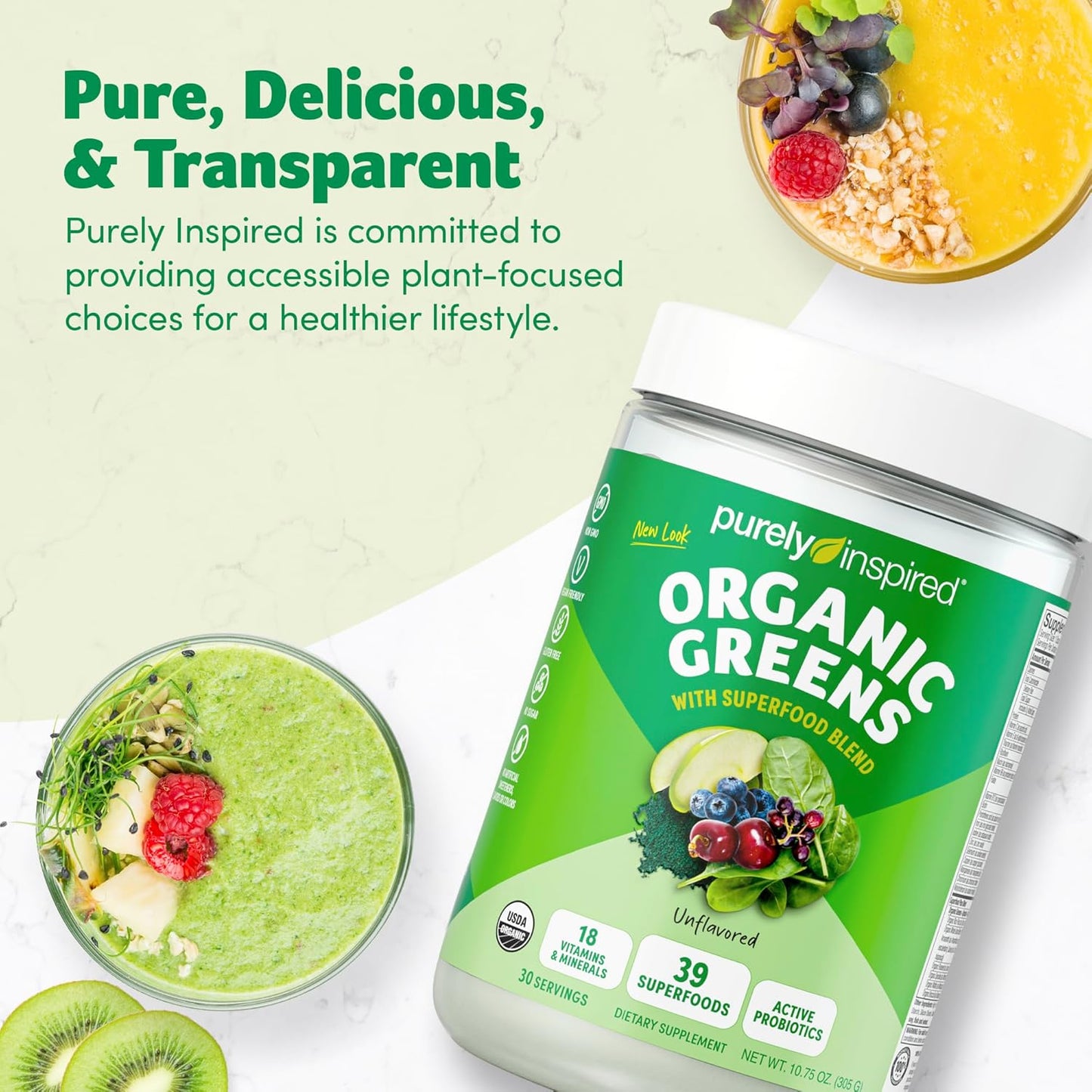 Purely Inspired Organic Greens Powder Superfood Smoothie Mix, Unflavored (30 Servings) - Super Greens with Probiotics, Spirulina & Chlorella for Gut & Digestive Health - Vegan
