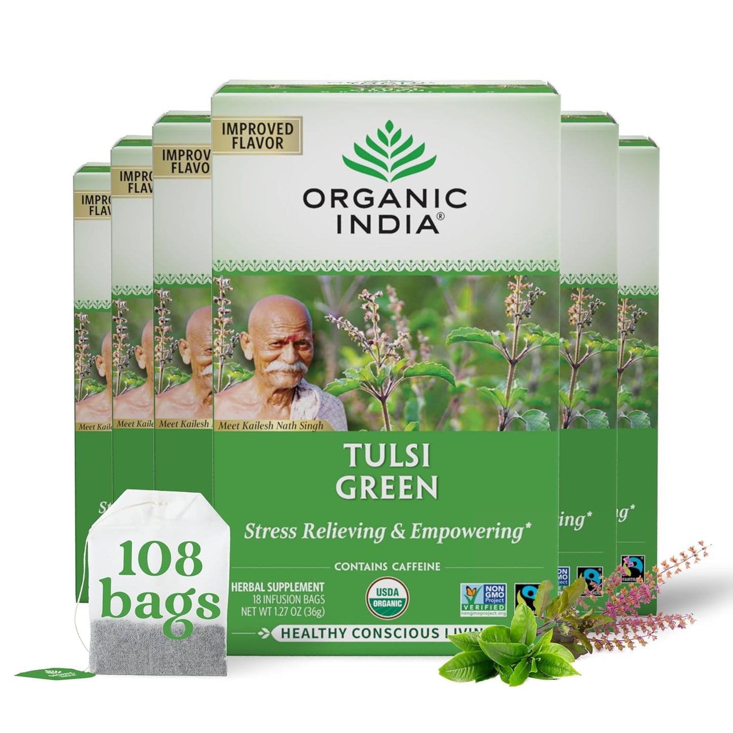 ORGANIC INDIA Tulsi Moringa Tea Bags - Holy Basil, Lemongrass, Moringa Leaves, Stress Relieving & Nourishing, Immune Support Tea, Vegan, Certified Organic, Caffeine-Free - 18 Infusion Bags, 6 Pack