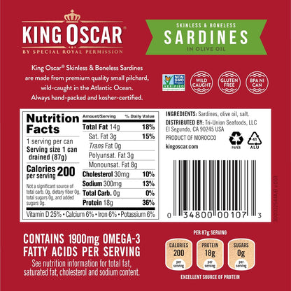 King Oscar Sardines in Water, 4.23 Ounce Cans (Pack of 1( Packaging May Vary), Skinless & Boneless, Wild Caught Canned Sardines, Low Sodium