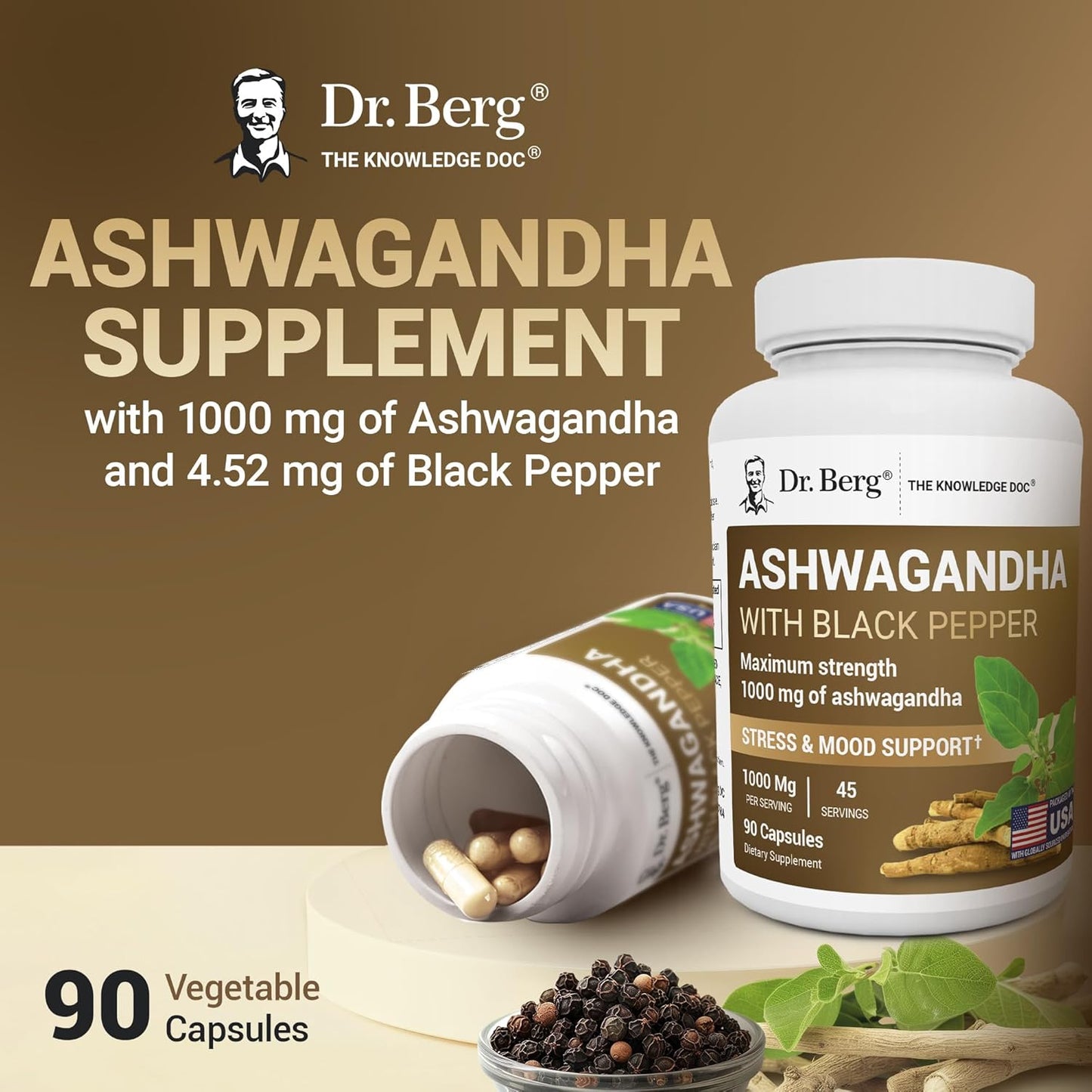 DR. BERG NUTRITIONALS Dr. Berg's Ashwagandha with Black Pepper Supplement - Capsules for Mood & Stress Support, Energy, Joint, Thyroid Immune System 1500mg Organic Supplements 90