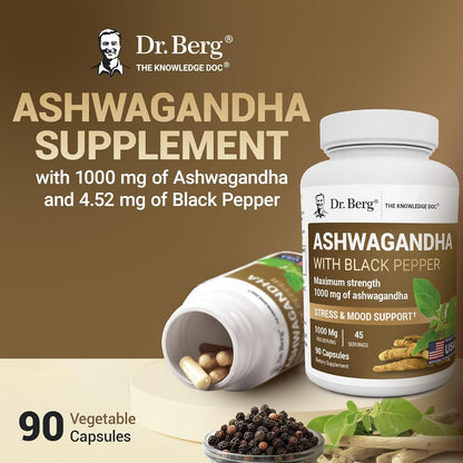 DR. BERG NUTRITIONALS Dr. Berg's Ashwagandha with Black Pepper Supplement - Capsules for Mood & Stress Support, Energy, Joint, Thyroid Immune System 1500mg Organic Supplements 90