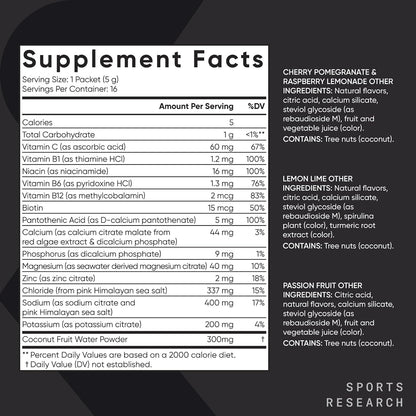 Sports Research® Hydrate Electrolytes Powder Packets - Sugar-Free & Naturally Flavored with Vitamins, Minerals, and Coconut Water - Supports Hydration - 16 Packets - Variety Pack | Sugar-Free
