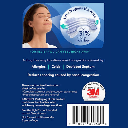 Breathe Right Nasal Strips, Extra Strength Clear Nose Strips, Drug Free Nasal Congestion Relief for Better Breathing, Help Relieve Snoring, Caused by Colds & Allergies, Deviated Septum, 44ct