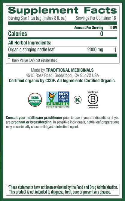 Traditional Medicinals Organic Nettle Leaf Herbal Tea, Supports Joint Health & Overall Wellness, (Pack of 2) - 32 Tea Bags Total