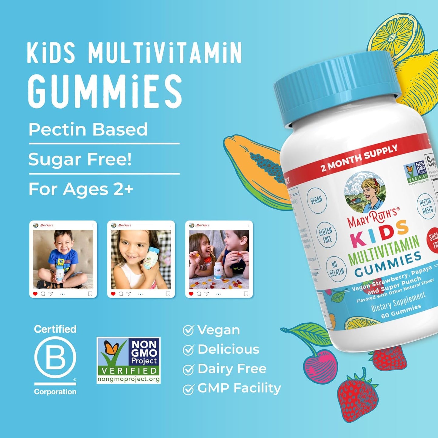 MaryRuth Organics Kids Vitamins | Multi | Sugar Free | 2 Month Supply | Kids Multivitamin Gummies for Ages 2+ | Vegan | Only 1 Gummy a Day | 60 Count