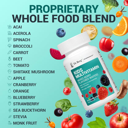 Dr. Berg Kids Chewable Multivitamins (NOT Sweetened w/Sugar) - Daily Multivitamin for Kids That Includes 20 Nutrients & Trace Mineral Complex - Mixed Berry Chewable Vitamins for Kid - Red Wafers