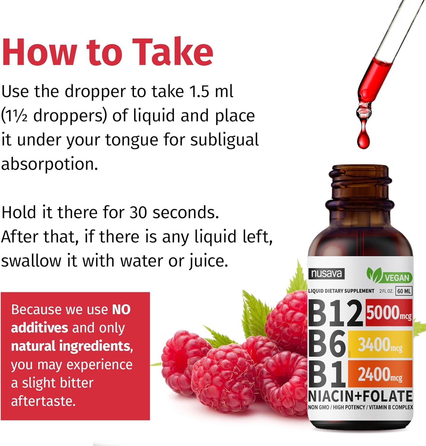 Vitamin B12 and B6 Liquid Drops, B12 Sublingual Vitamin B Complex - B 12 Vitamin 5000mcg - B12 Methylcobalamin for Energy, Brain, and Heart Support with 27,200 mcg, Raspberry, 40 Servings