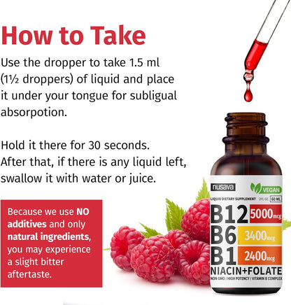 Vitamin B12 and B6 Liquid Drops, B12 Sublingual Vitamin B Complex - B 12 Vitamin 5000mcg - B12 Methylcobalamin for Energy, Brain, and Heart Support with 27,200 mcg, Raspberry, 40 Servings