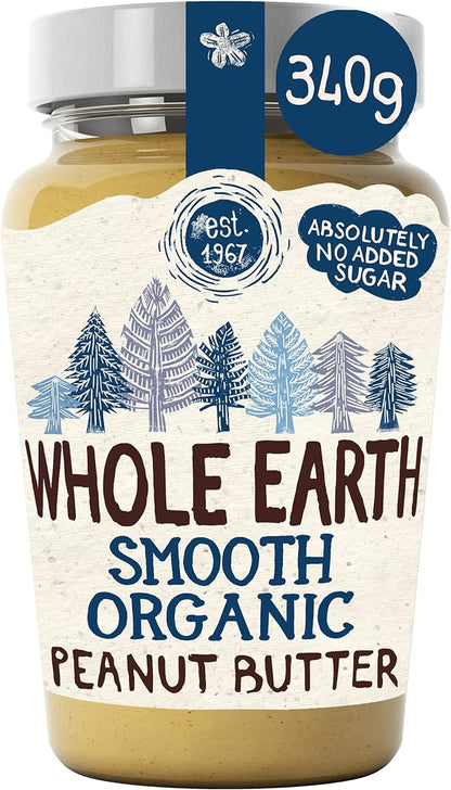 Whole Earth Smooth Organic Peanut Butter, 340 g Jar, Original Nut Spread Made with All Natural Ingredients, No Added Sugar, Gluten Free, Vegetarian & Vegan Friendly