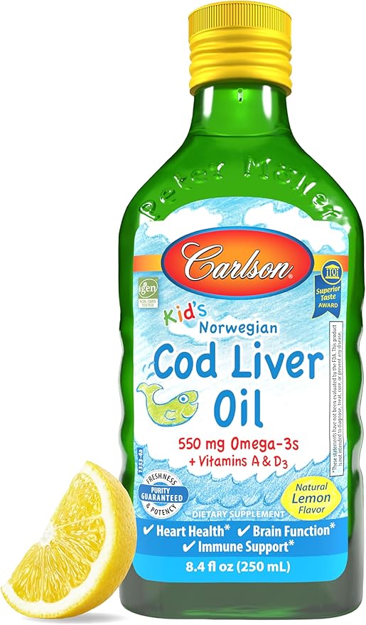 Carlson - Kid's Cod Liver Oil, 550 mg Omega-3s, Vitamins A & D3, Wild Norwegian, Lemon, 250 mL