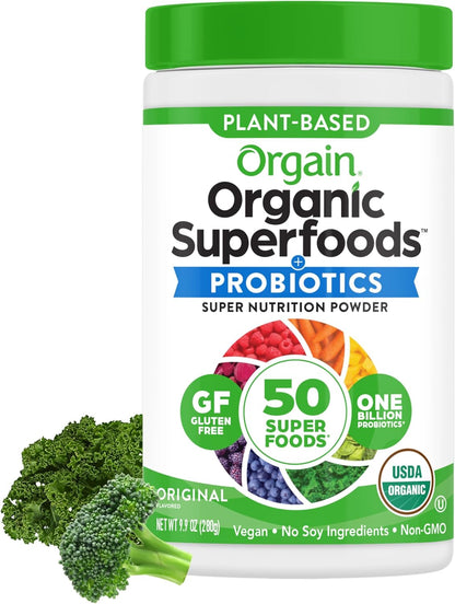 Orgain Organic Greens Powder + 50 Superfoods, Berry - 1 Billion Probiotics for Digestive Health, Antioxidants, Vegan, Plant-Based, Gluten-Free, Non-GMO, Green Juice & Smoothie Drink Mix - 0.62lb