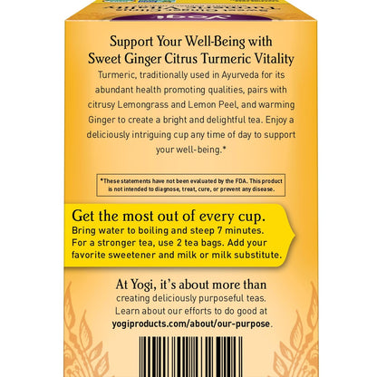 Yogi Tea Sweet Ginger Citrus Turmeric Vitality - 16 Bags per Pack (6 Packs) - Organic Ginger & Turmeric Root Tea - Supports Well-being - Includes Cinnamon Bark & More