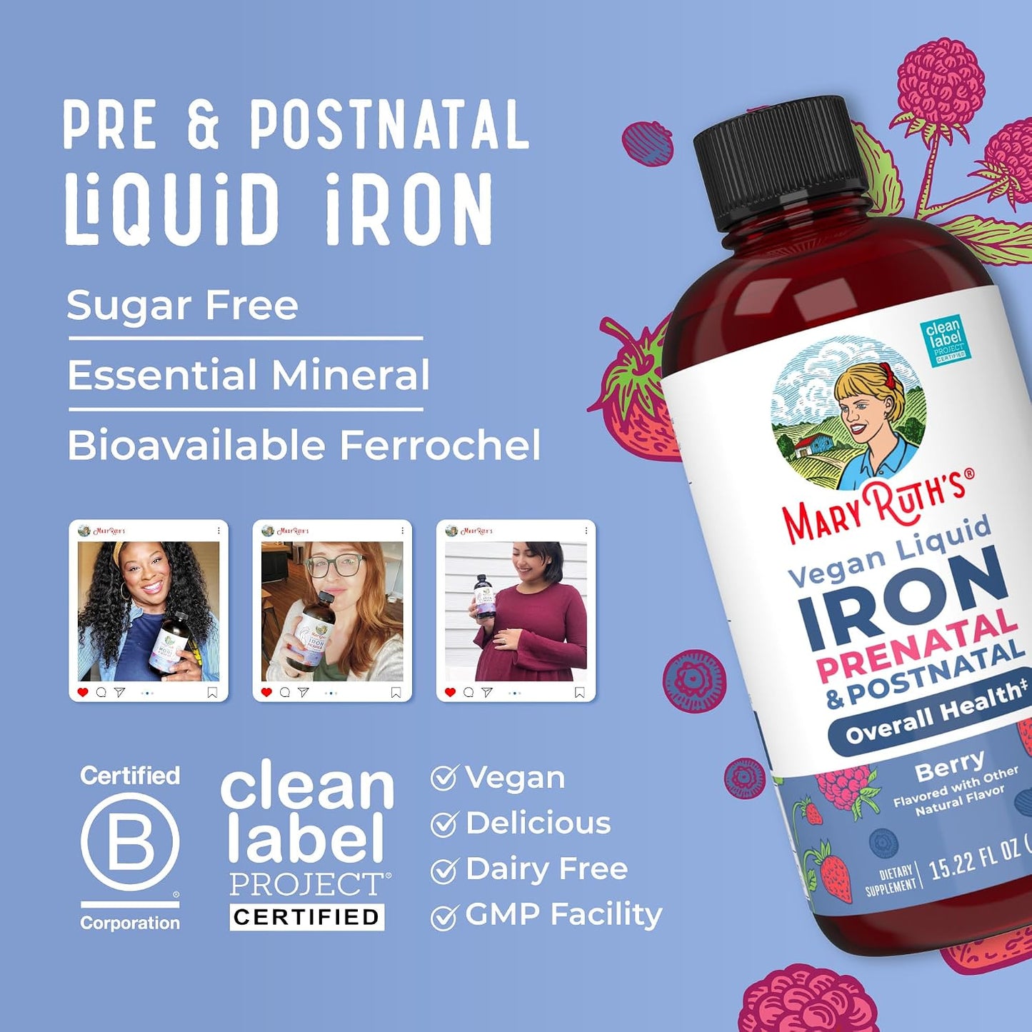 Iron Supplement Prenatal & Postnatal | Liquid Iron Supplement for Pregnant & Lactating | Iron Supplement for Iron Deficiency | Immune Support | Sugar Free | Vegan | Non-GMO | Gluten Free | 15.22 Fl Oz