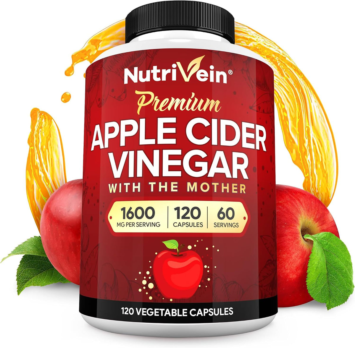 Nutrivein Apple Cider Vinegar Supplement with Mother 1600 mg - 120 Capsules