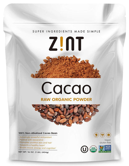 Zint Organic Cacao Powder (16 oz): Raw Non-Alkalized Chocolate With Powerful Antioxidants and Resveratrol
