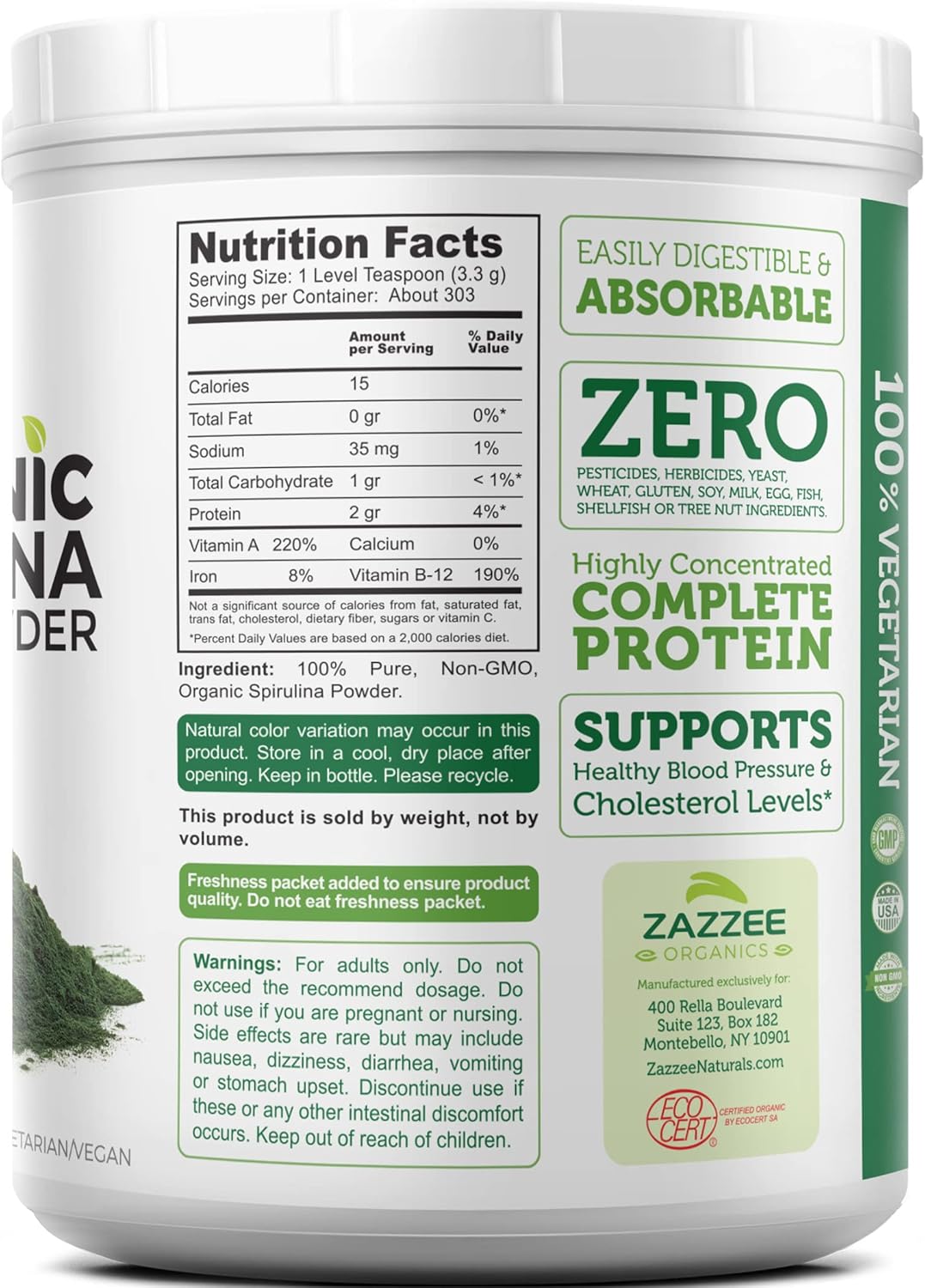 Zazzee Organic Spirulina Powder, 2.2 Pounds (1 KG), USDA Certified, 303 Servings, 100% Pure, Non-Irradiated, Mess-Free Wide Mouth Container, Fresh Smell and Neutral Taste, Vegan, Non-GMO, Gluten-Free