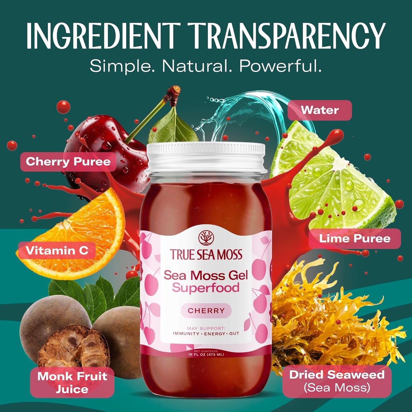 TrueSeaMoss Sea Moss Gel – Limited Edition – Made in USA – Wildcrafted Seamoss, Fresh Fruits & Sea Vegetables – Cherry, Pack of 1 (Labels May Vary)