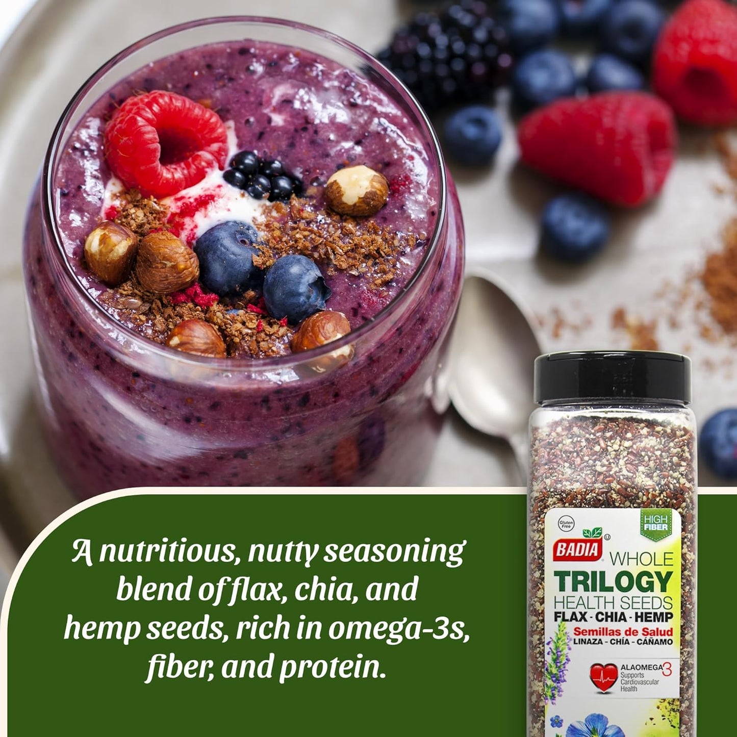 Badia Trilogy Health Seed, Flax, Chia, Hemp Seeds Blend, High Fiber Superfood Mix, Omega-3, 21 oz
