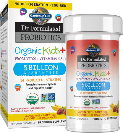 Garden of Life-Dr. Formulated Probiotics Organic Kids-Strawberry Banana-Acidophilus and Probiotic Promotes Immune System,Digestive Health-Gluten,Dairy,Soy-Free,No Sugar Added-Chewables (30 Count)