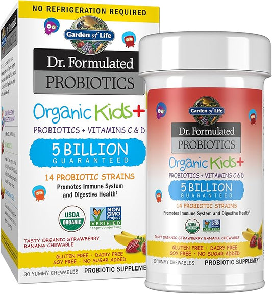 Garden of Life-Dr. Formulated Probiotics Organic Kids-Strawberry Banana-Acidophilus and Probiotic Promotes Immune System,Digestive Health-Gluten,Dairy,Soy-Free,No Sugar Added-Chewables (30 Count)