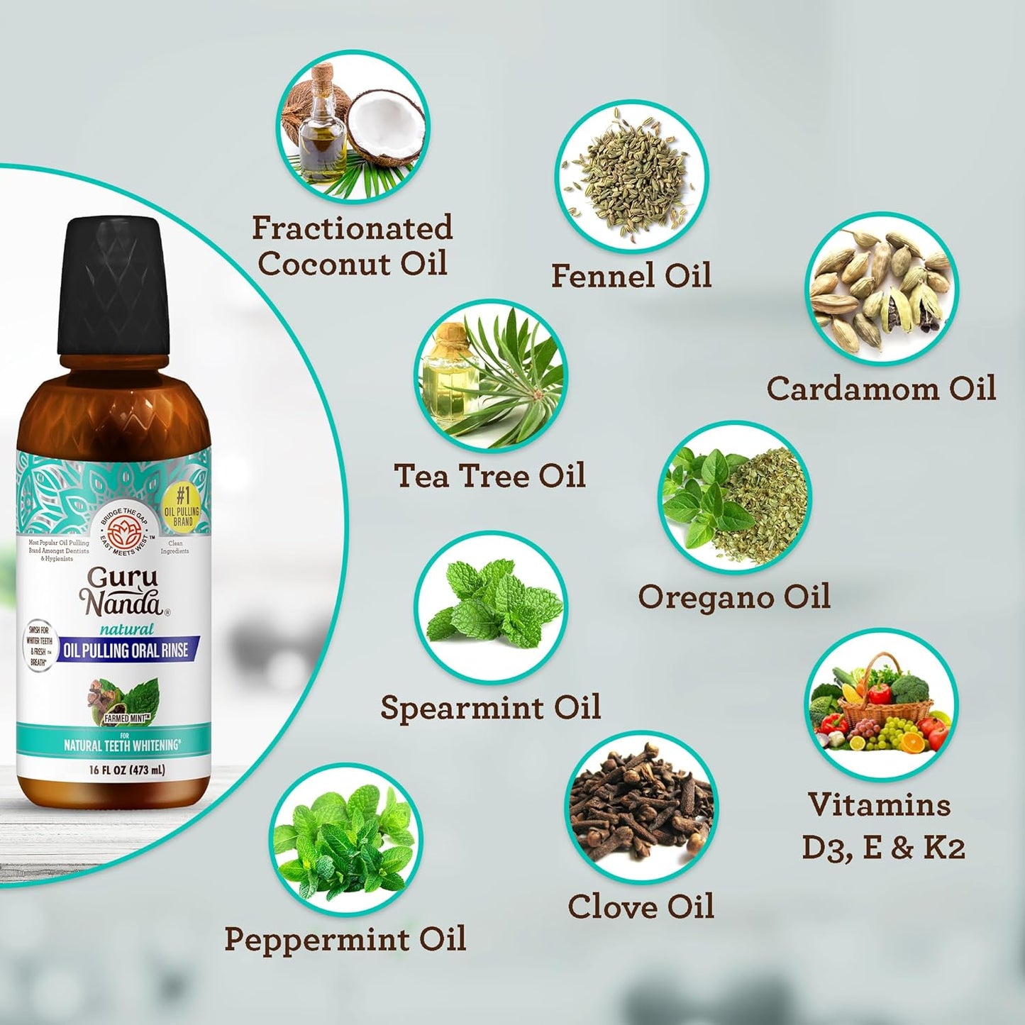 GuruNanda CocoMint Oil Pulling Mouthwash for Complete Oral Hygiene, 7 Essential Oils & Vitamins for Happy Teeth & Gums & Fresh Breath, Alcohol-Free, 16 oz