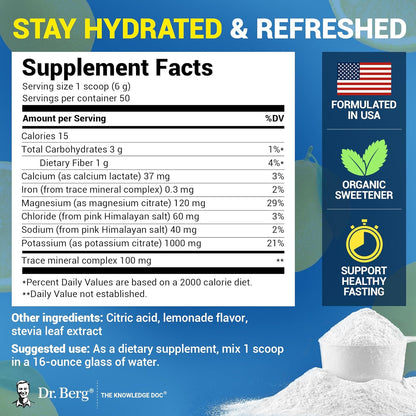 Dr. Berg Zero Sugar Hydration Keto Electrolyte Powder - Enhanced w/ 1000 mg of Potassium & Real Pink Himalayan Salt (NOT Table Salt) - Lemonade Flavor Hydration Drink Mix Supplement - 100 Servings