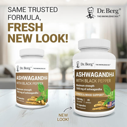 DR. BERG NUTRITIONALS Dr. Berg's Ashwagandha with Black Pepper Supplement - Capsules for Mood & Stress Support, Energy, Joint, Thyroid Immune System 1500mg Organic Supplements 90