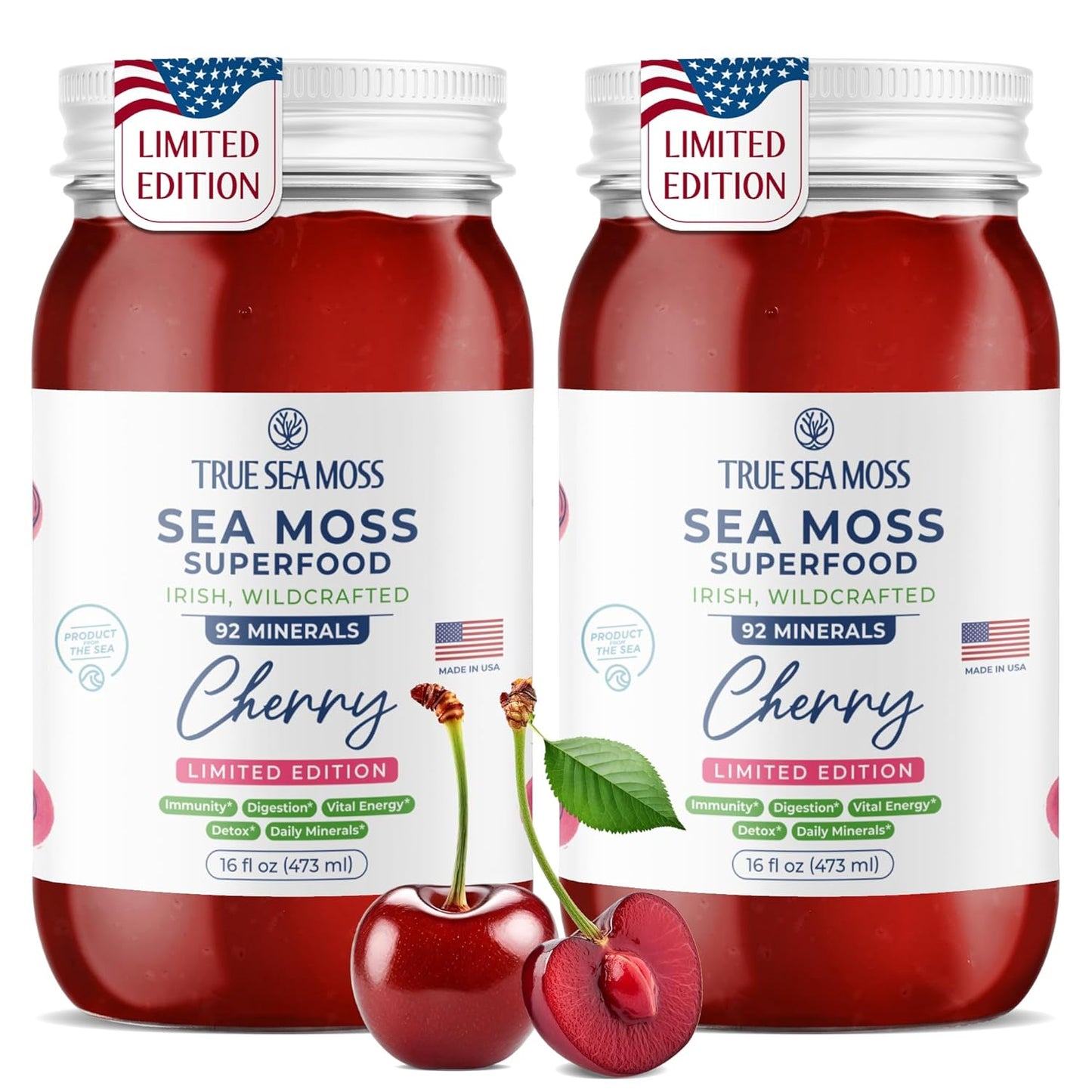 TrueSeaMoss Sea Moss Gel – Made in USA – Wildcrafted Seamoss, Fresh Fruits & Sea Vegetables – Cherry, Pack of 1 (Labels May Vary)