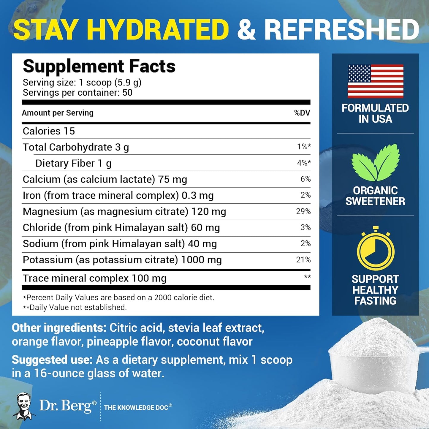 Dr. Berg Zero Sugar Hydration Keto Electrolyte Powder - Enhanced w/ 1000 mg of Potassium & Real Pink Himalayan Salt (NOT Table Salt) - Lemonade Flavor Hydration Drink Mix Supplement - 100 Servings