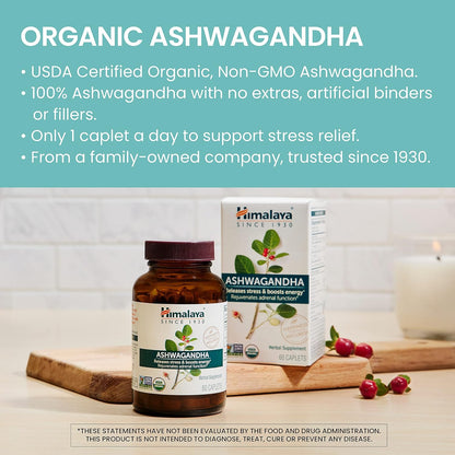 Himalaya Organic Ashwagandha, 60 Day Supply, Herbal Supplement for Stress Relief, Energy Support, Occasional Sleeplessness, Organic, Non-GMO, Vegan, Gluten Free, 670 mg, 60 Caplets