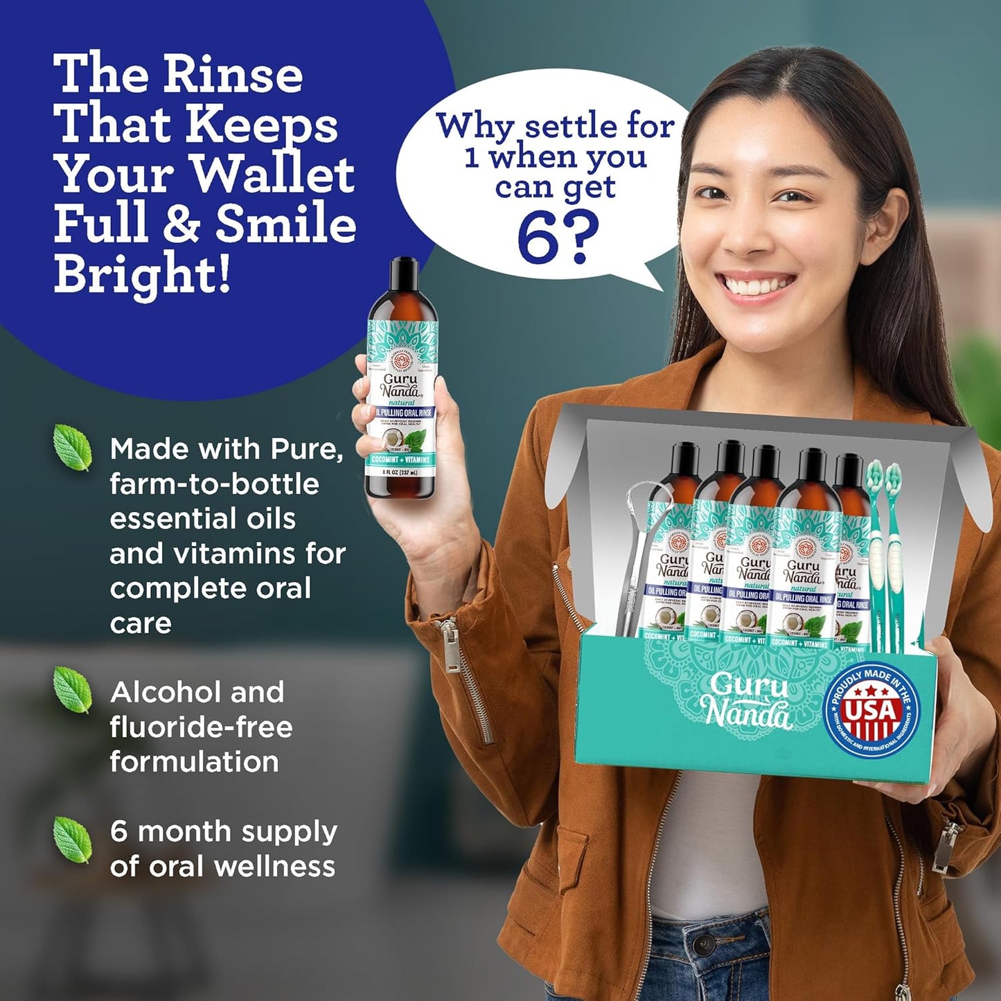 GuruNanda CocoMint Oil Pulling Mouthwash for Complete Oral Hygiene, 7 Essential Oils & Vitamins for Happy Teeth & Gums & Fresh Breath, Alcohol-Free, 16 oz