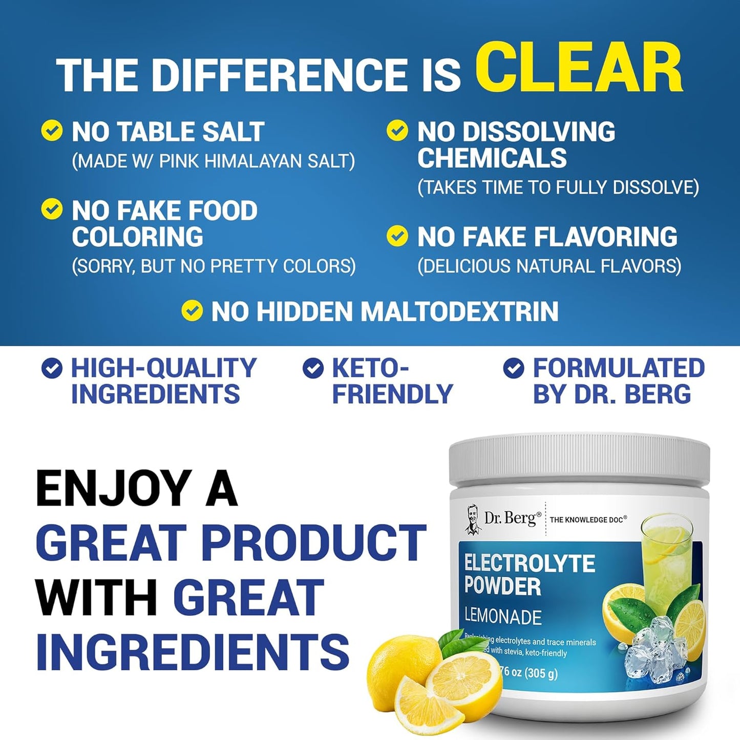 Dr. Berg Zero Sugar Hydration Keto Electrolyte Powder - Enhanced w/ 1000 mg of Potassium & Real Pink Himalayan Salt (NOT Table Salt) - Lemonade Flavor Hydration Drink Mix Supplement - 100 Servings