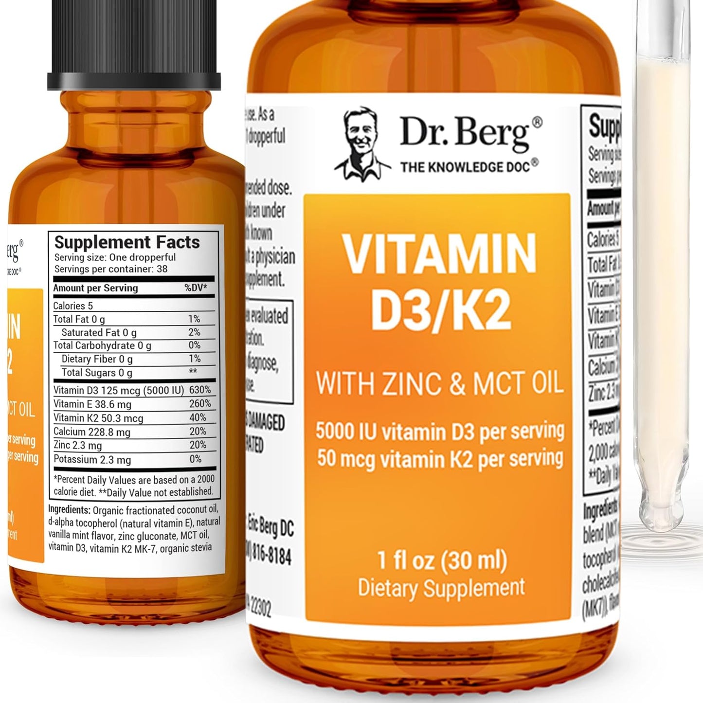 Dr. Berg Liquid Vitamin D3 & K2 Supplement with Zinc - for Bone, Teeth, Mood & Immune Health* - Vitamin D3 & K2 Drops for Adults - 1 fl oz