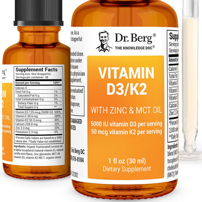 Dr. Berg Liquid Vitamin D3 & K2 Supplement with Zinc - for Bone, Teeth, Mood & Immune Health* - Vitamin D3 & K2 Drops for Adults - 1 fl oz