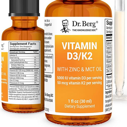 Dr. Berg Liquid Vitamin D3 & K2 Supplement with Zinc - for Bone, Teeth, Mood & Immune Health* - Vitamin D3 & K2 Drops for Adults - 1 fl oz